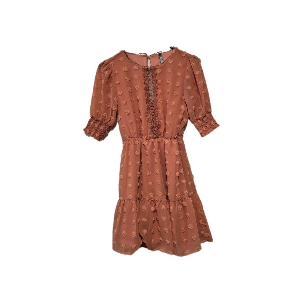 Nevena Rae  Swiss Dot Coral Mini Dress Size S Ruffle Hem Smocked Spring Flowy